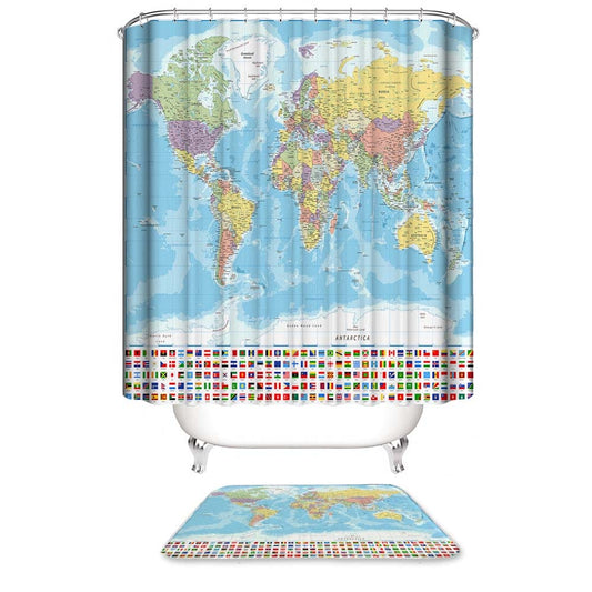 World Map Shower Curtain with National Flag, Geography Educational Style Bathroom Decor
