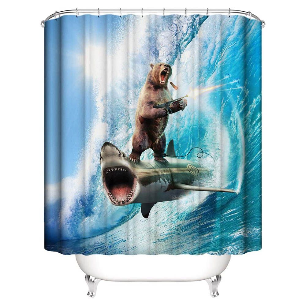 Bear Riding Shark Shower Curtain, Meme Shark Bathroom Decor