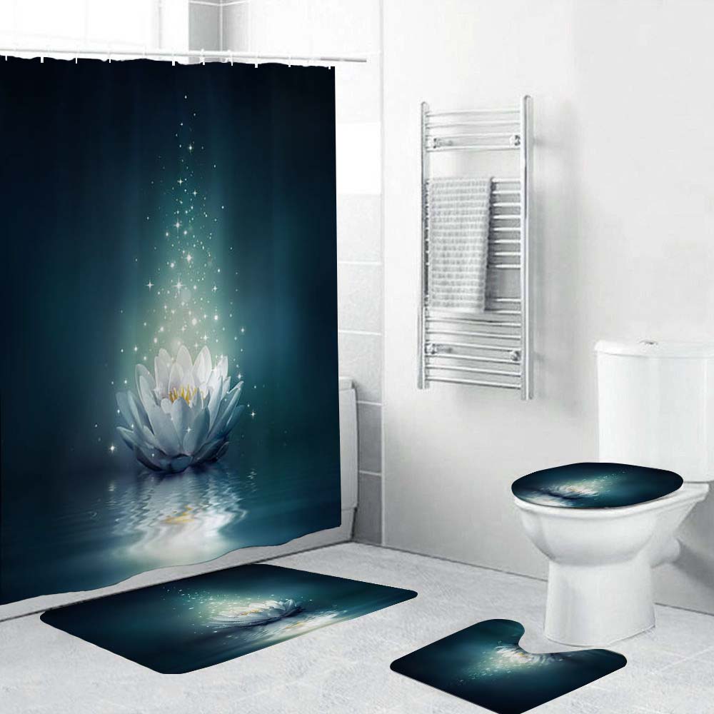 Shining White Lotus Flower Shower Curtain, Buddhist Flower Bathroom Decor