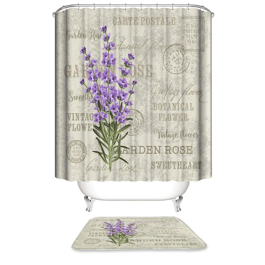Retro Postmark Botanical Purple Flower Vinca Major Shower Curtain | Postmark Botanical Flower Bathroom Curtain