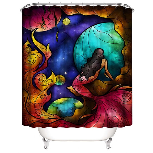 Stained Art Red Mermaid Fabric Shower Curtain, Stained Glass Style Mermaid Bathroom Curtain