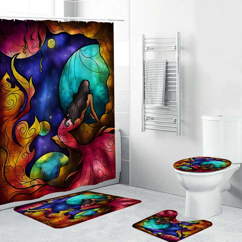 Stained Art Red Mermaid Fabric Shower Curtain, Stained Glass Style Mermaid Bathroom Curtain