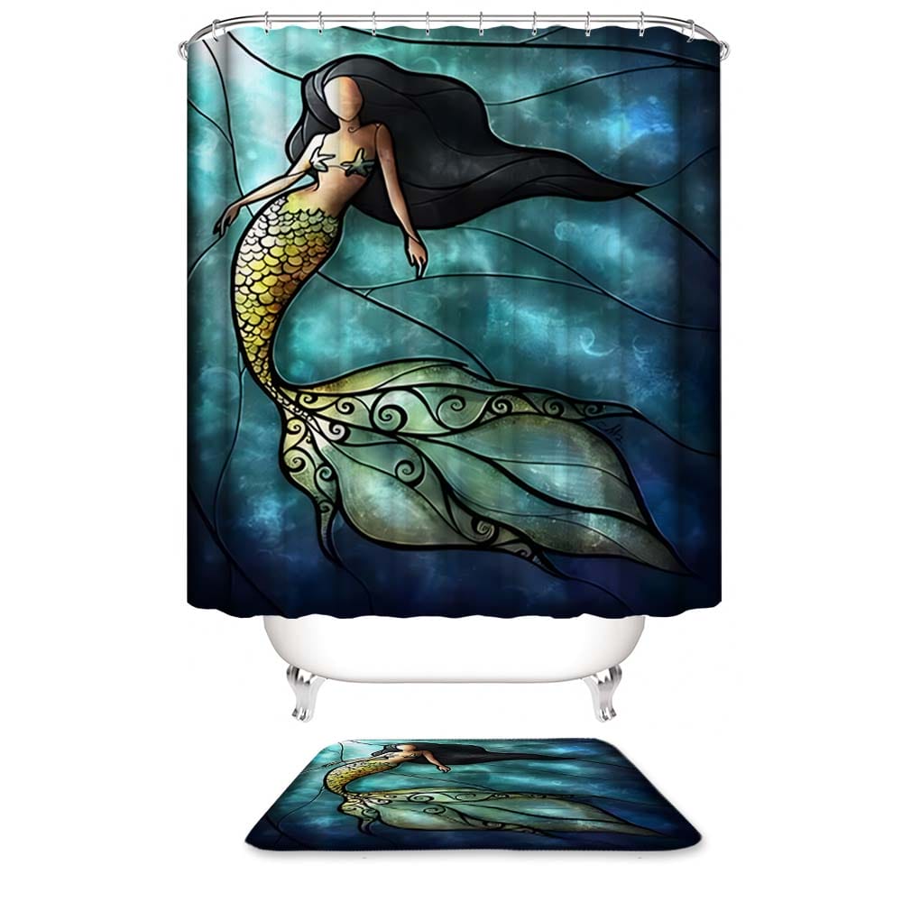 Stained Art Teal Mermaid Shower Curtain