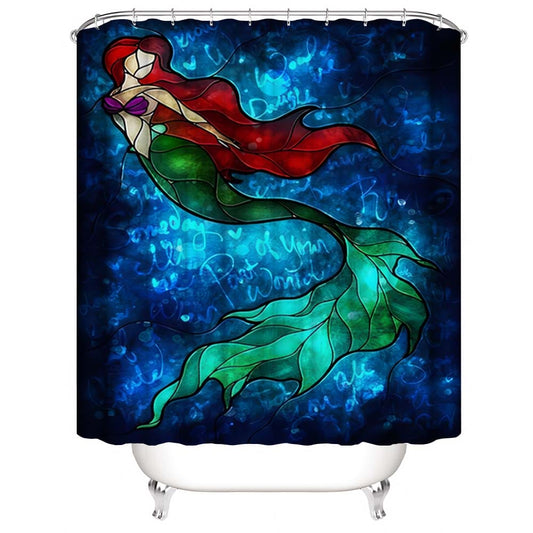 Vintage Mermaid Shower Curtain, Stained Glass Style Mermaid Bathroom Curtain