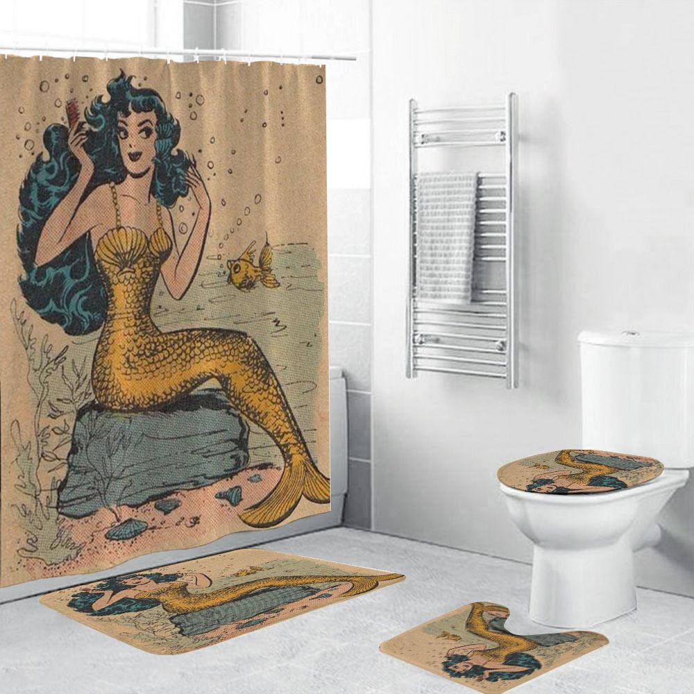Tale Sassy Fish Lady Golden Vintage Mermaid Shower Curtain
