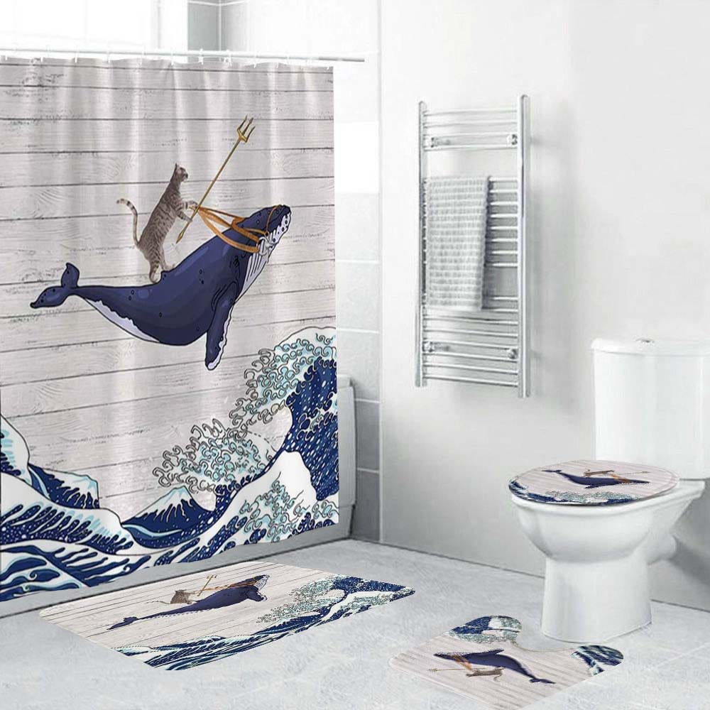 Cat Riding Whale Shower Curtain, Whimsical Poseidon Cat Bathroom Curtain