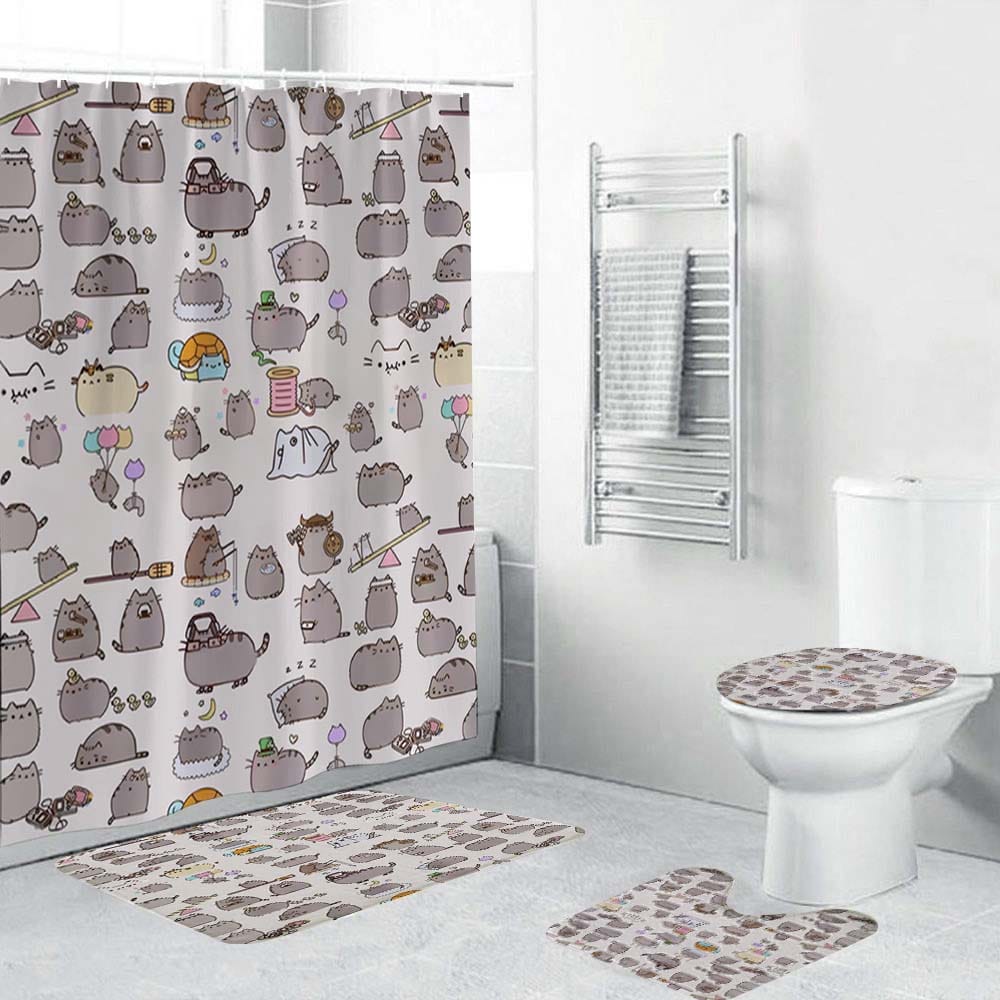 Pusheen Shower Curtain, Various Memes Cute Cat Bathroom Curtain