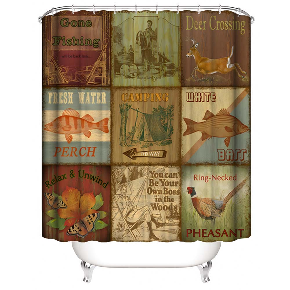 Fishing Deer Camping Themed Shower Curtain, Lodge Collage Shower