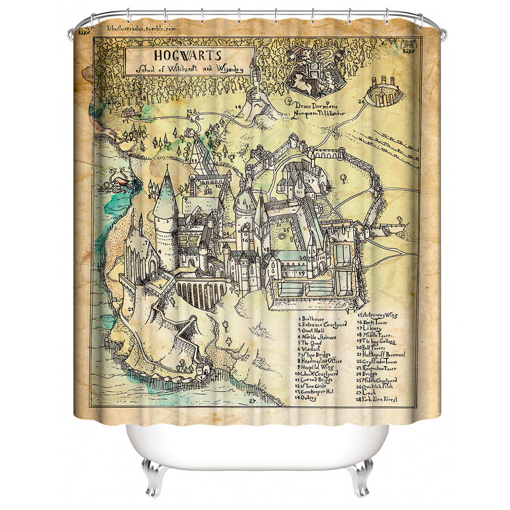 Hogwarts Shower Curtain Fantasy World Harry Potter Map Bathroom Decor Accessories Idea Curtain+Rug Set