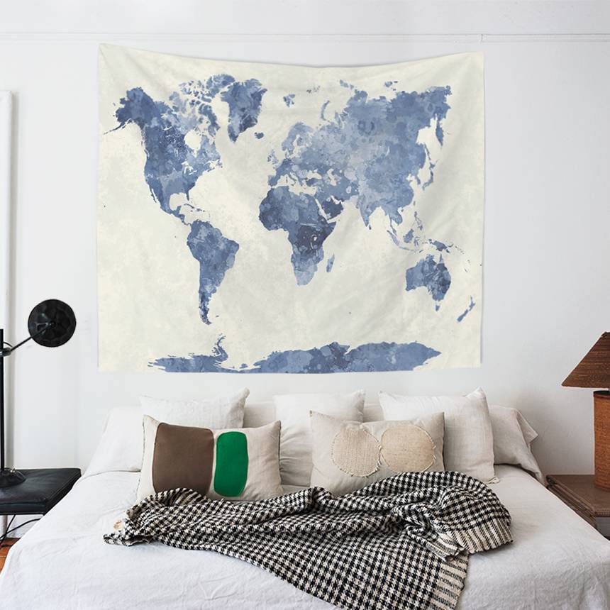 Watercolor Blue World Map Tapestry | Watercolor Blue World Map Tapestry