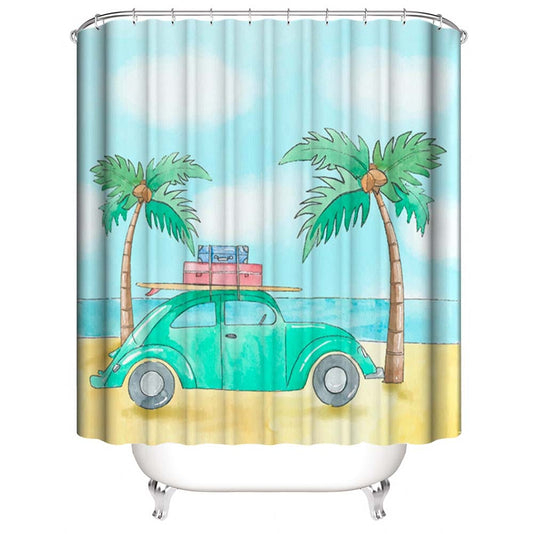 Watercolor Palm Trees Green Travel Car Shower Curtain, Summer Vacation Bathroom Decor