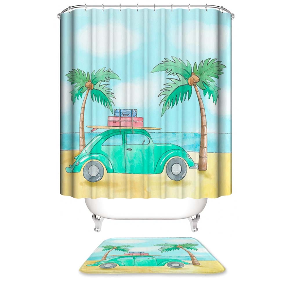 Watercolor Palm Trees Green Travel Car Shower Curtain, Summer Vacation Bathroom Decor