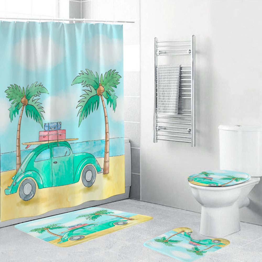 Watercolor Palm Trees Green Travel Car Shower Curtain, Summer Vacation Bathroom Decor