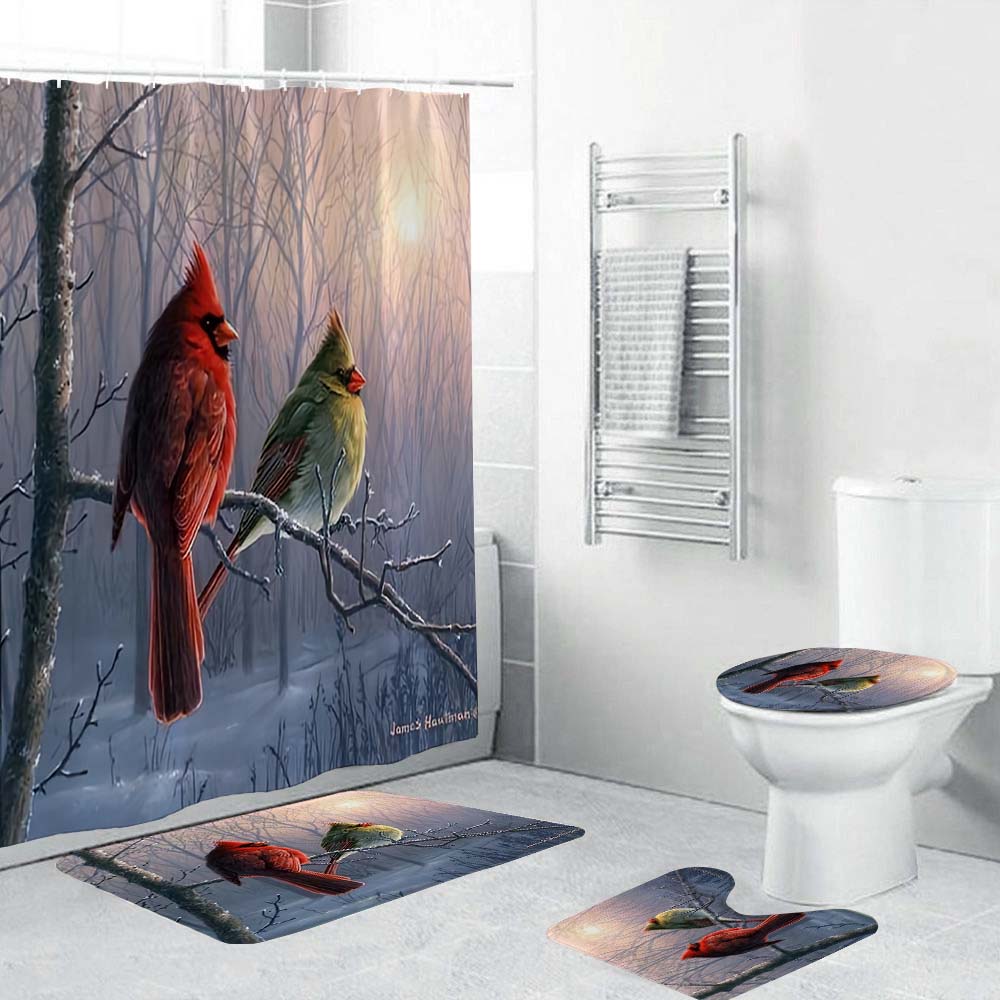 Winter Forest Cardinal Shower Curtain, Red Birds Bathroom Curtain
