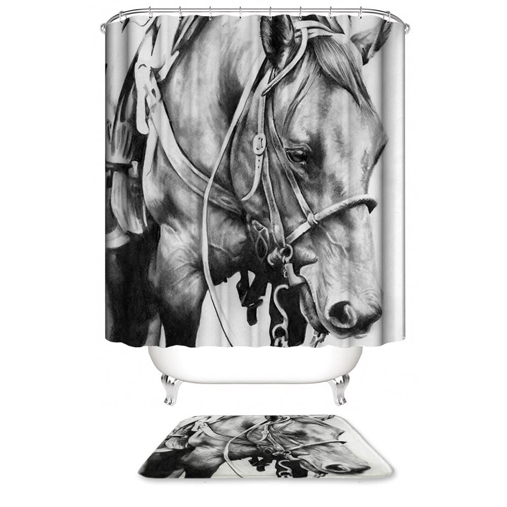 Black White Style Farm Western Horse Shower Curtain