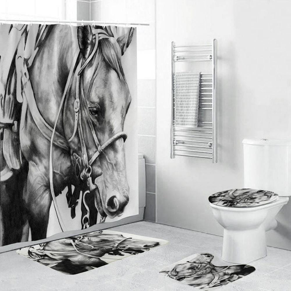 Black White Style Farm Western Horse Shower Curtain