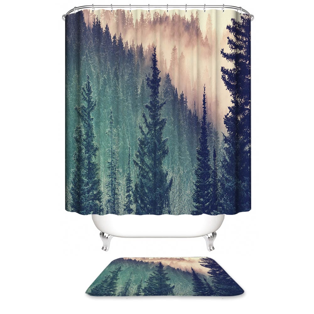 Sunrise Foggy Pine Forest Shower Curtain