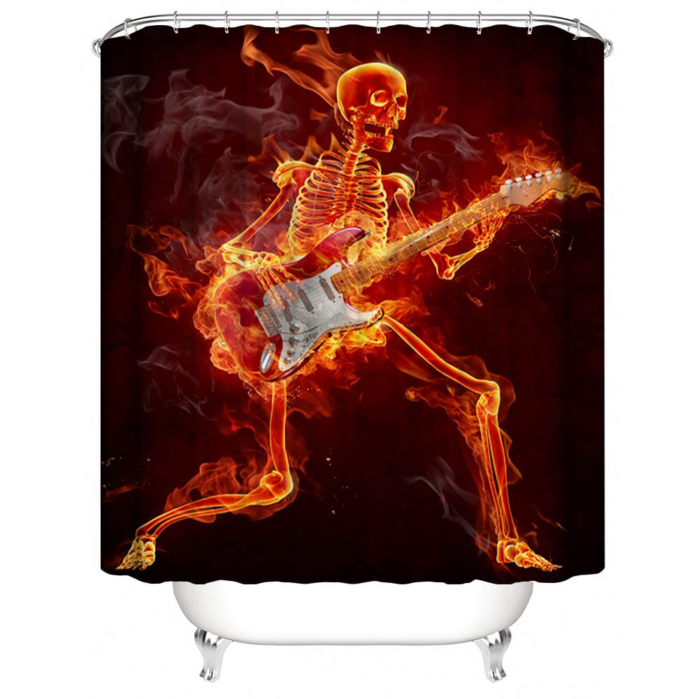 Rocker Flame Skeleton Guitar Shower Curtain | Fire Skeleton Rocker Guitar Shower Curtain