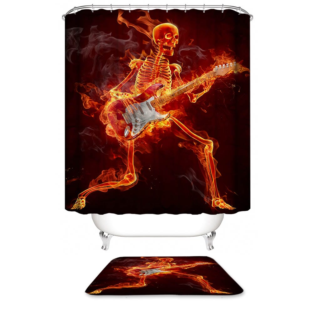 Rocker Flame Skeleton Guitar Shower Curtain | Fire Skeleton Rocker Guitar Shower Curtain