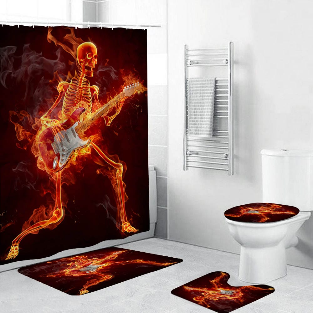 Rocker Flame Skeleton Guitar Shower Curtain | Fire Skeleton Rocker Guitar Shower Curtain