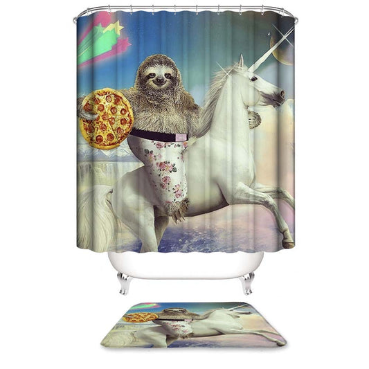 Fantasy Knight Pizza Sloth Riding Unicorn Shower Curtain