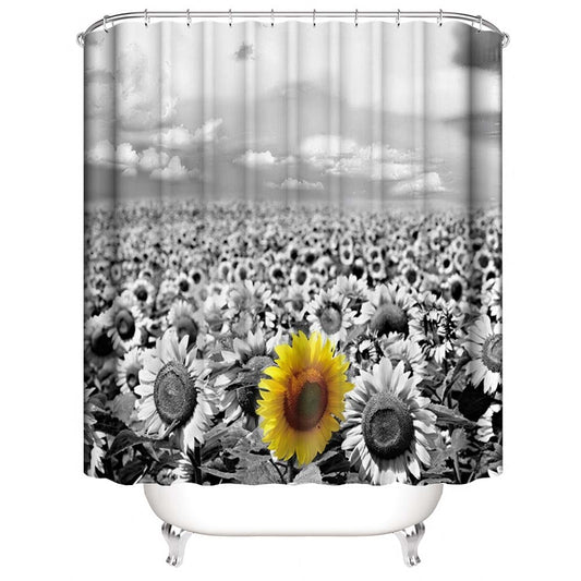 Black and White Sunflower Shower Curtain, Mono Summer Flower Bathroom Decor