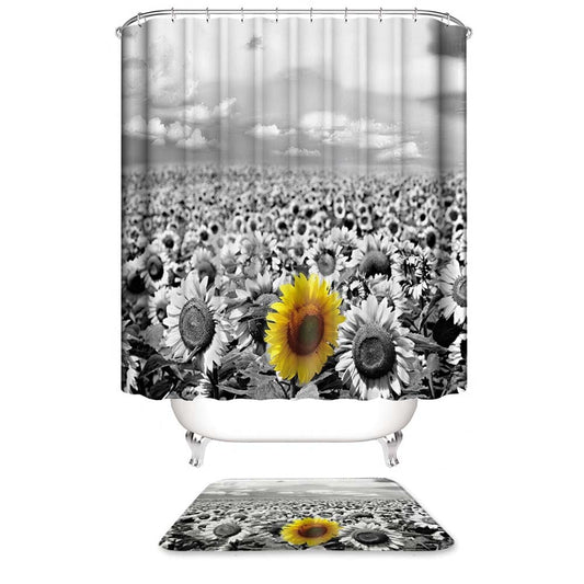 Black and White Sunflower Shower Curtain, Mono Summer Flower Bathroom Decor