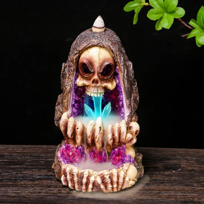 Colorful Crystal Polyresin Skull Backflow Incense Waterfall Burner with LED Lighting