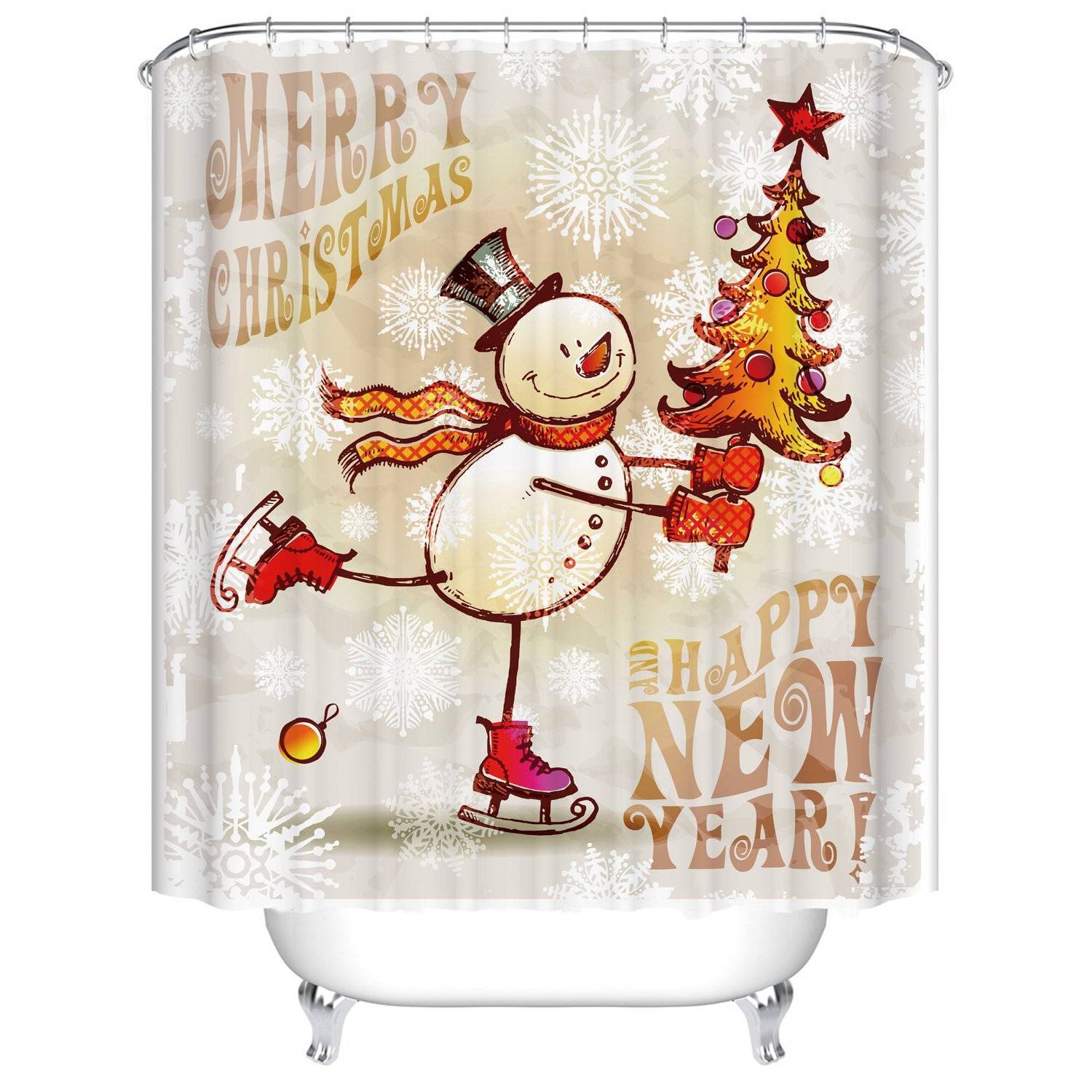Holding Christmas Tree in Hands Cute Cartoon Ice Skating Snowman Shower Curtain