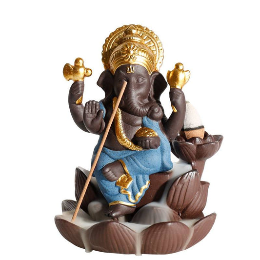 Ganesha Lotus Base Backflow Incense Burner with Incense Stick Holder