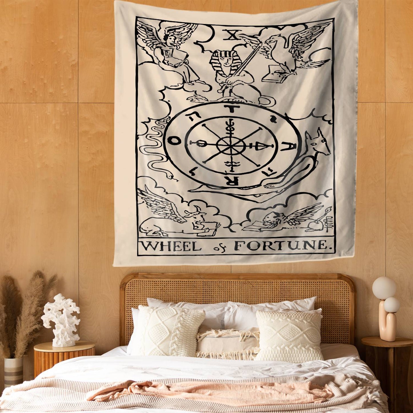 Angel Sphinx Wheel of Fortune Tapestry for Bedroom Living Room | Wheel of Fortune Tarot Tapestry