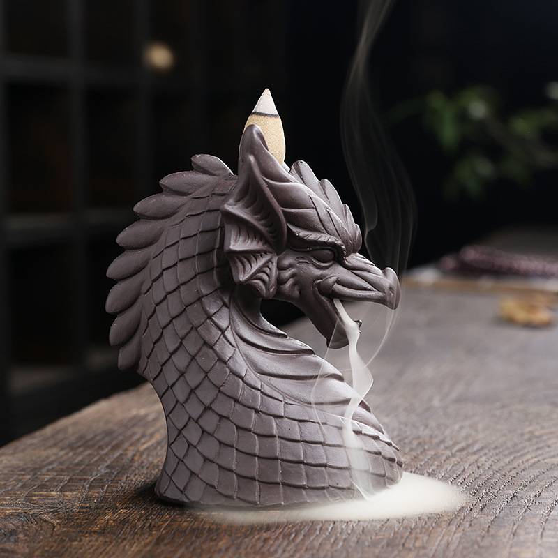 Red Porcelain Upright Dragon Head Reverse Incense Burner