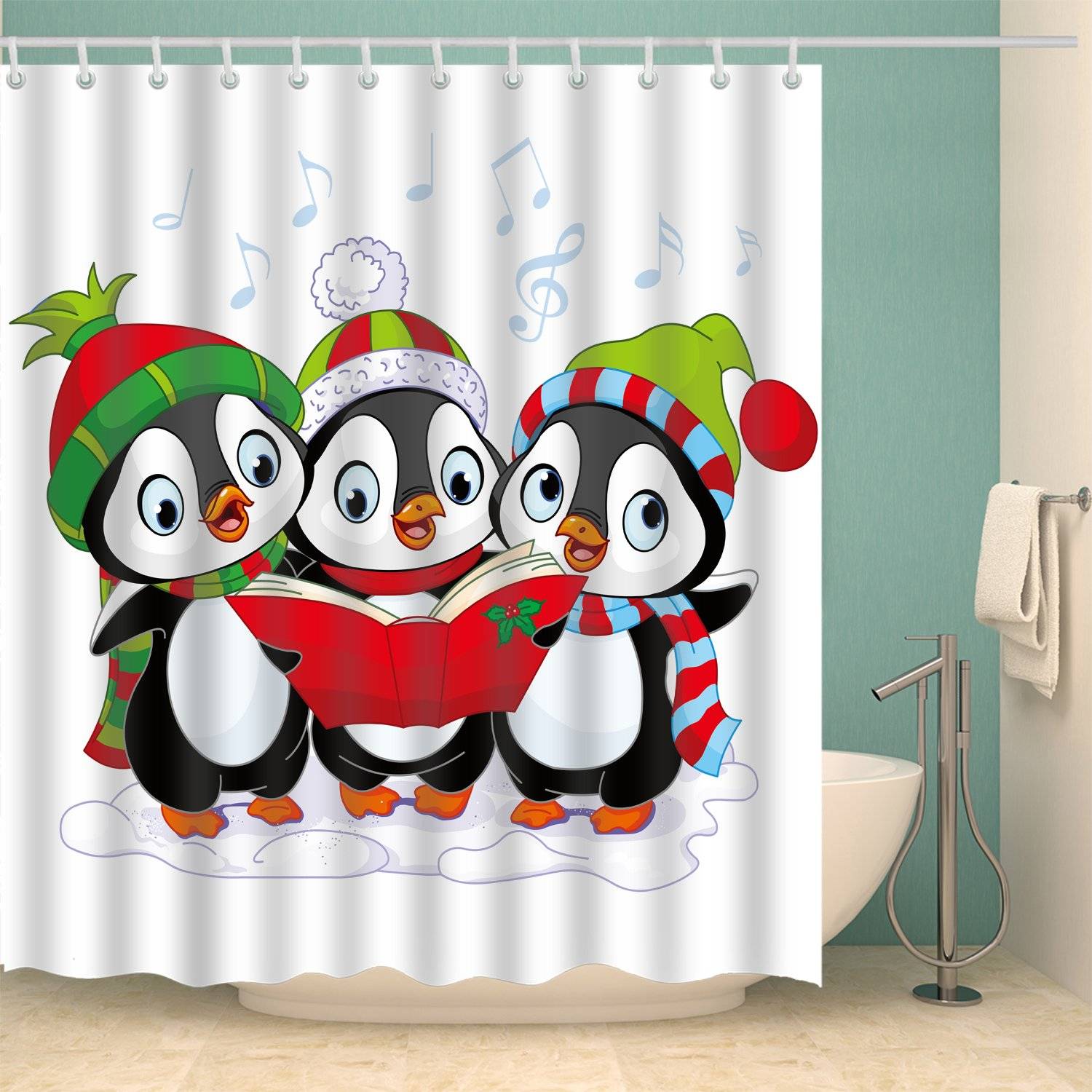 Cartoon Are Reading Book Christmas Penguins Shower Curtain