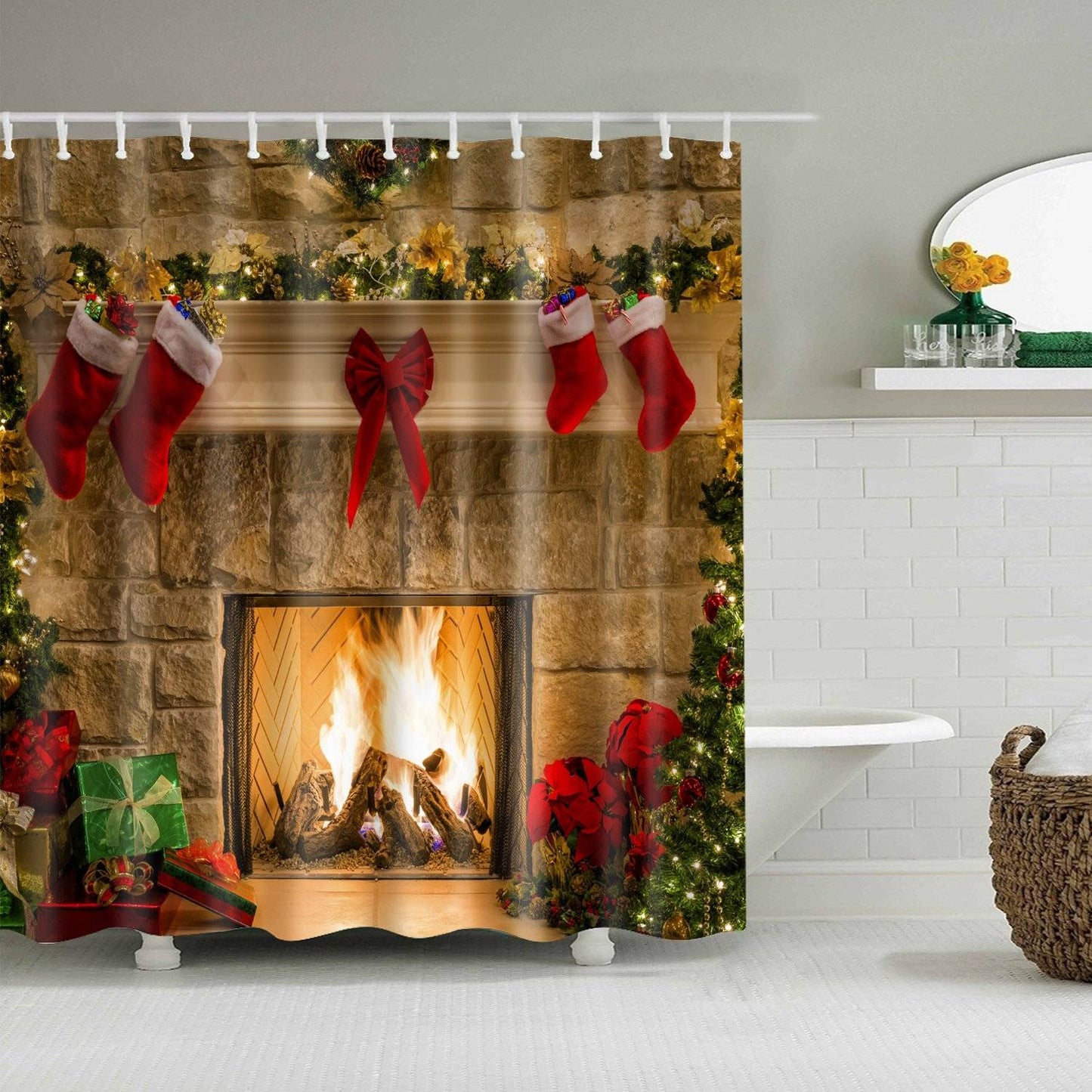 Xmas Stockings Christmas Gift Boxes Fireplace Shower Curtain