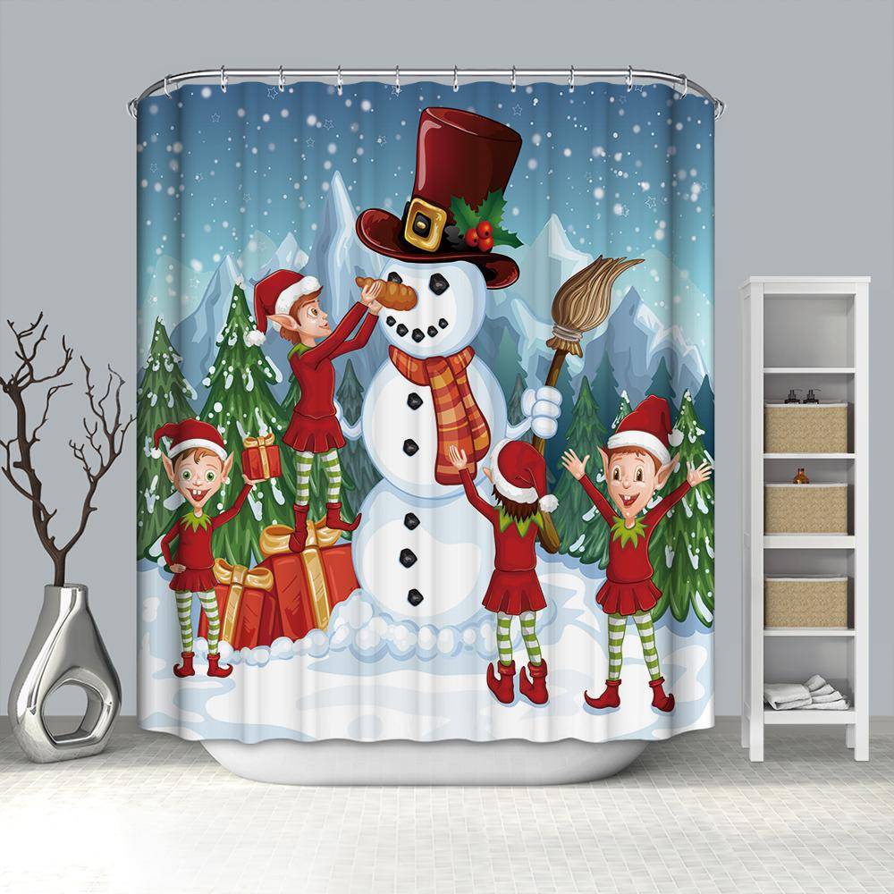 Cartoon Christmas Four Elves Decorating Snowman Shower Curtain