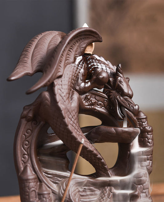 Winged Dragon Climbed on The Arch Backflow Incense Burner with Incense Stick Hole