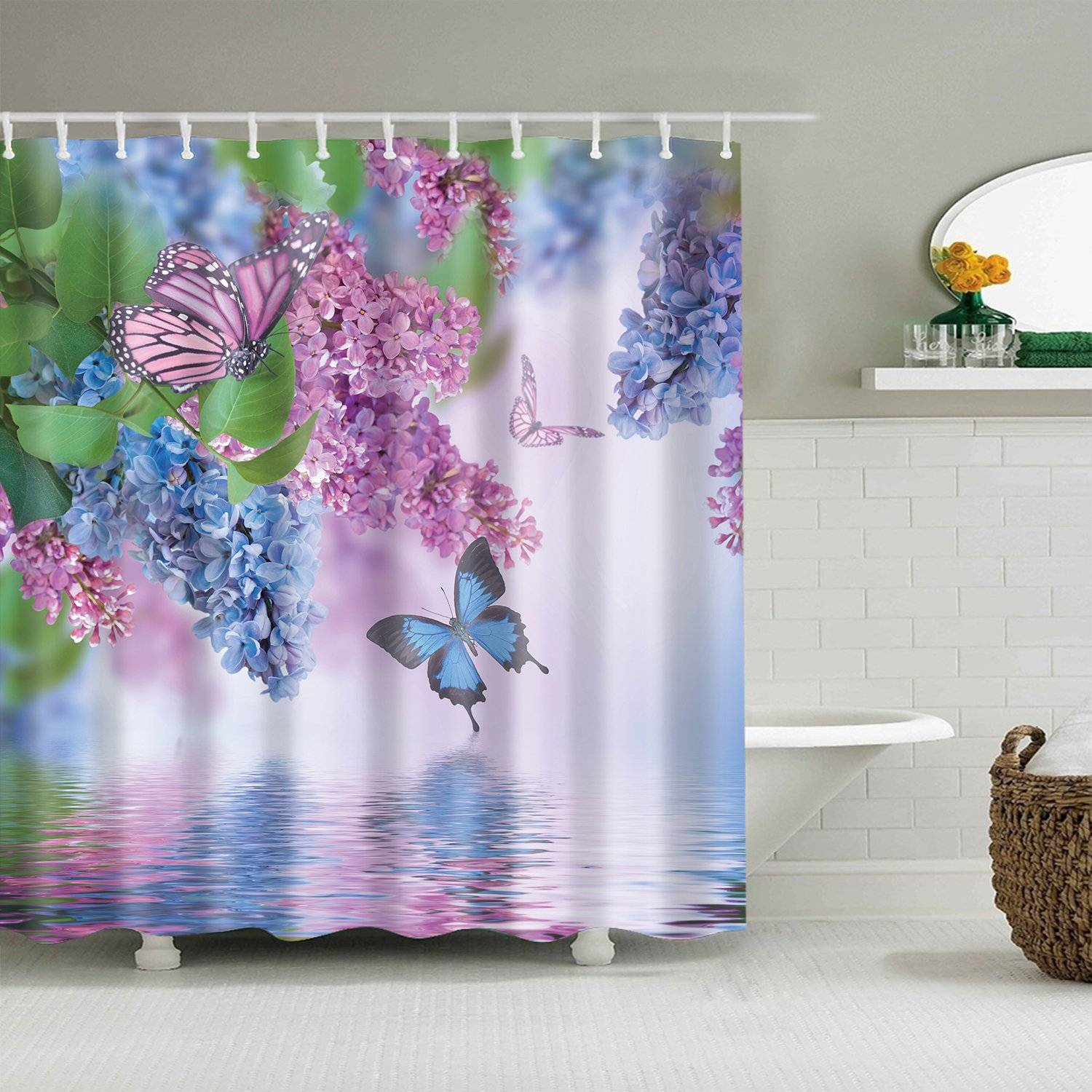 Pink Blue Lilacs River Butterfly Shower Curtain