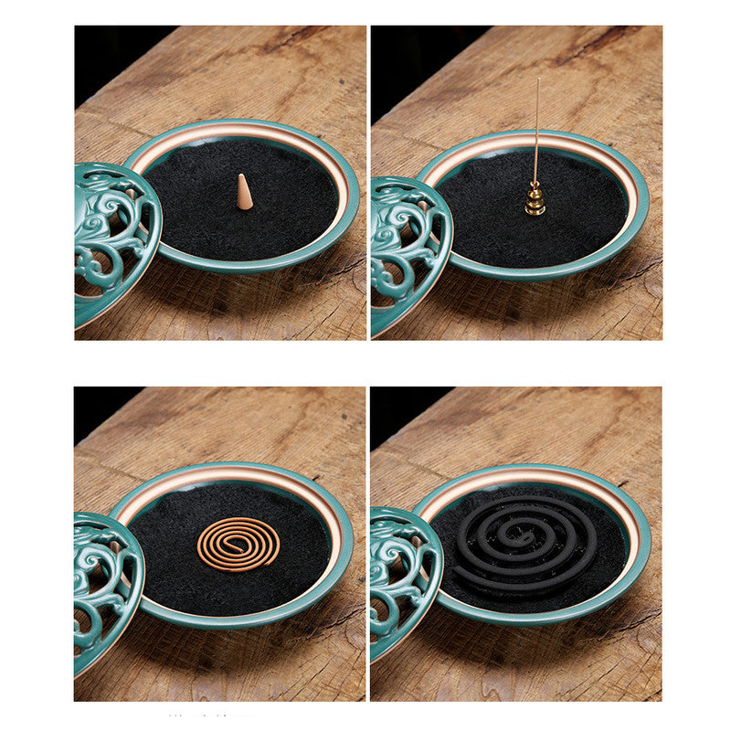 Elegant Auspicious Clouds Round Incense Coil Burner with Cover