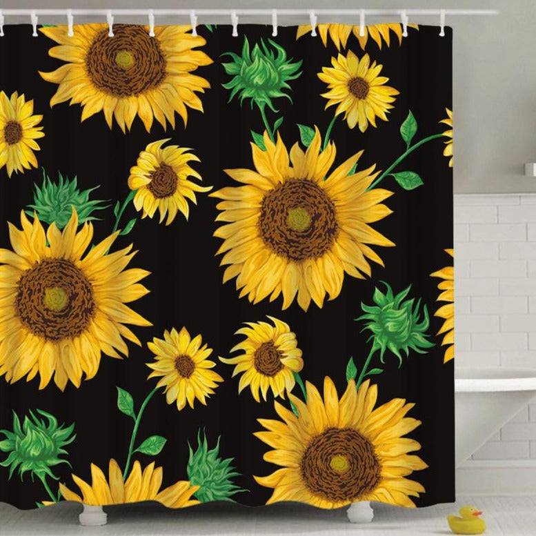 Black Backgroup Blooming Yellow Sunflowers Shower Curtain | Black Backgroup Sunflower Shower Curtain