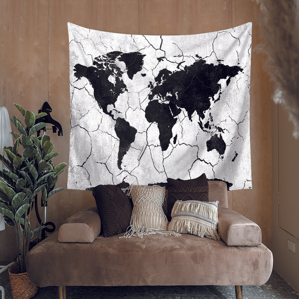 Black and white world map tapestry hot sale