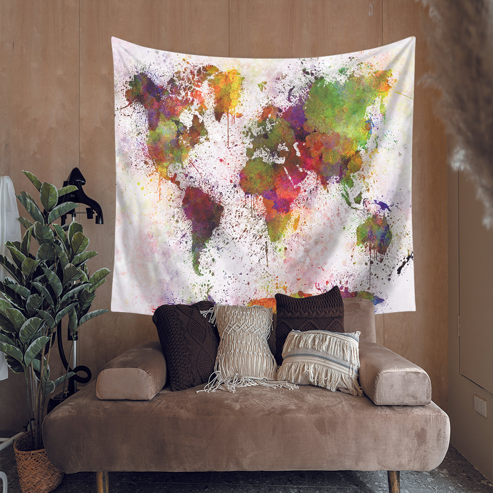 Art Watercolor World Map Tapestry | Watercolor Map Wall Tapestry