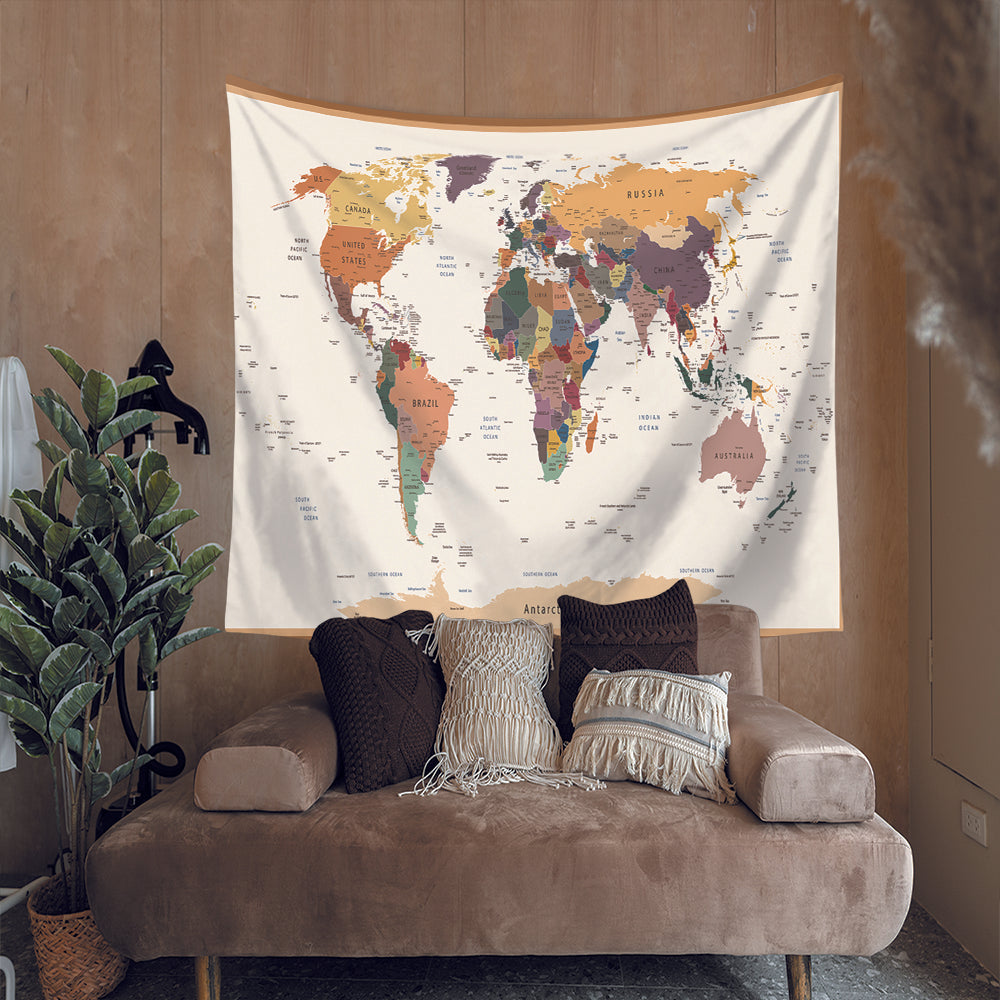 World Map Wall Tapestry with The Country's Name | World Map Wall Hanging Fabric