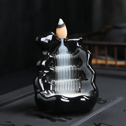 Balck Porcelain Mountain Tower Smoke Waterfall Backflow Incense Burner