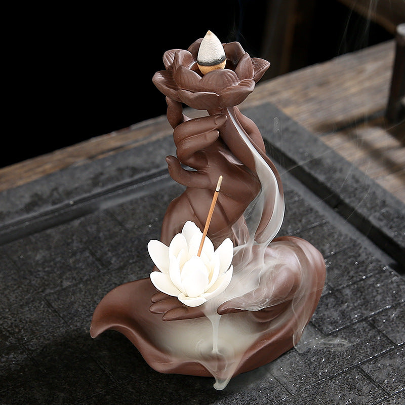 Buddha Hand Lotus Backflow Incense Burner with Lotus Shape Incense Stick Holder