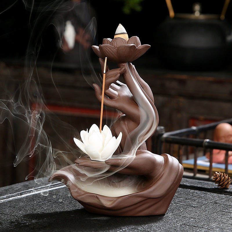 Buddha Hand Lotus Backflow Incense Burner with Lotus Shape Incense Stick Holder