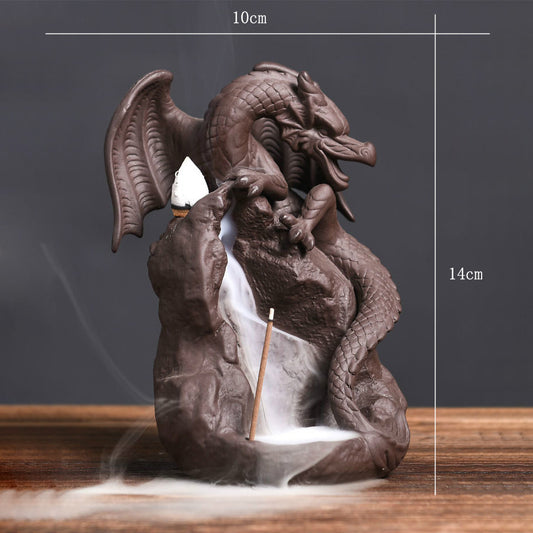 Winged Dragon Climbed on The Rock Backflow Incense Burner with Incense Stick Hole