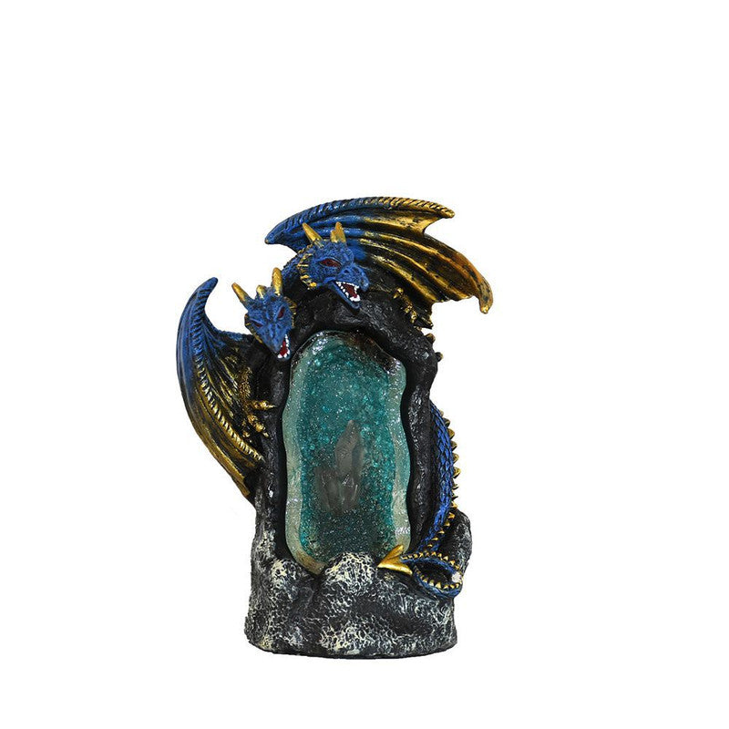 Blue Double Head Dragon Crystal Cave Backflow Incense Burner with LED Lights