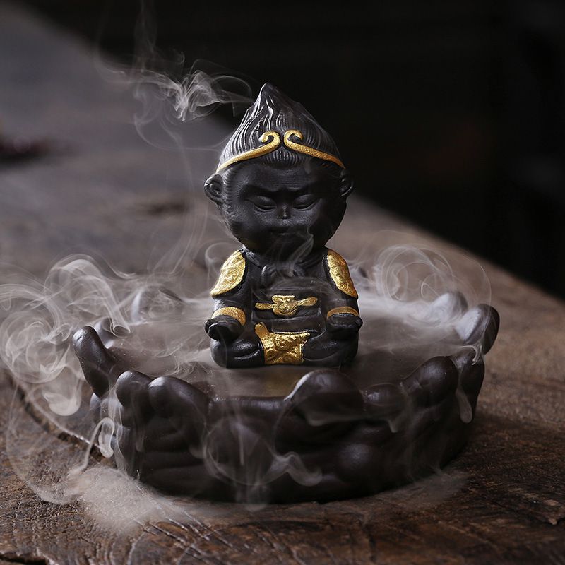 Monkey King Backflow Incense Burner Lotus Stand with Acrylic Hood
