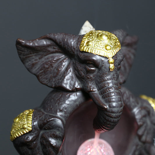 Triple Elephant Head Ganesha Backflow Incense Burner with LED Ball Light