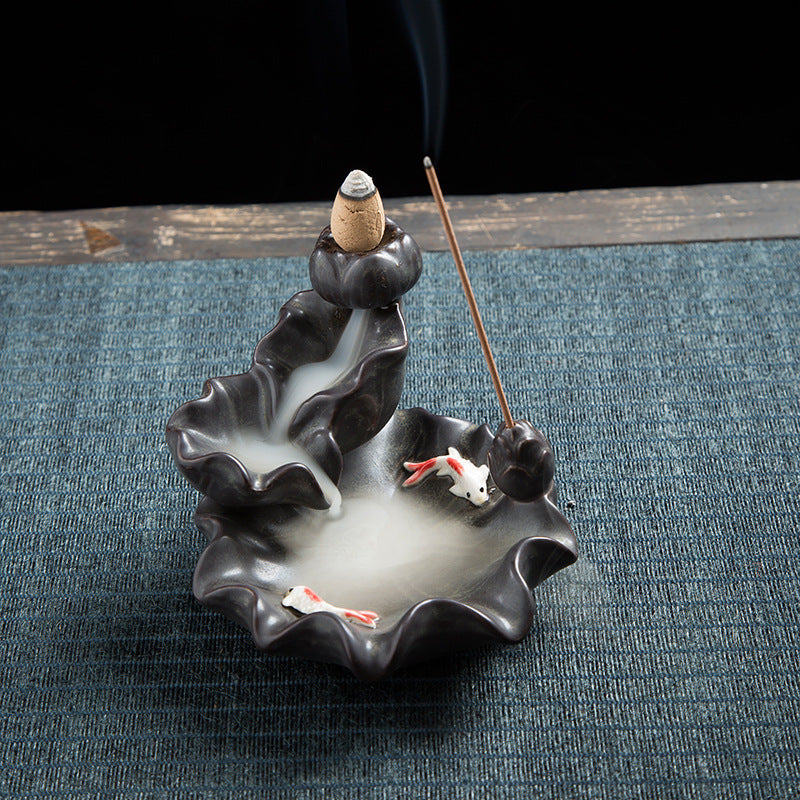 Koi Fish on The Bottom of Lotus Leaf Backflow Incense Burner